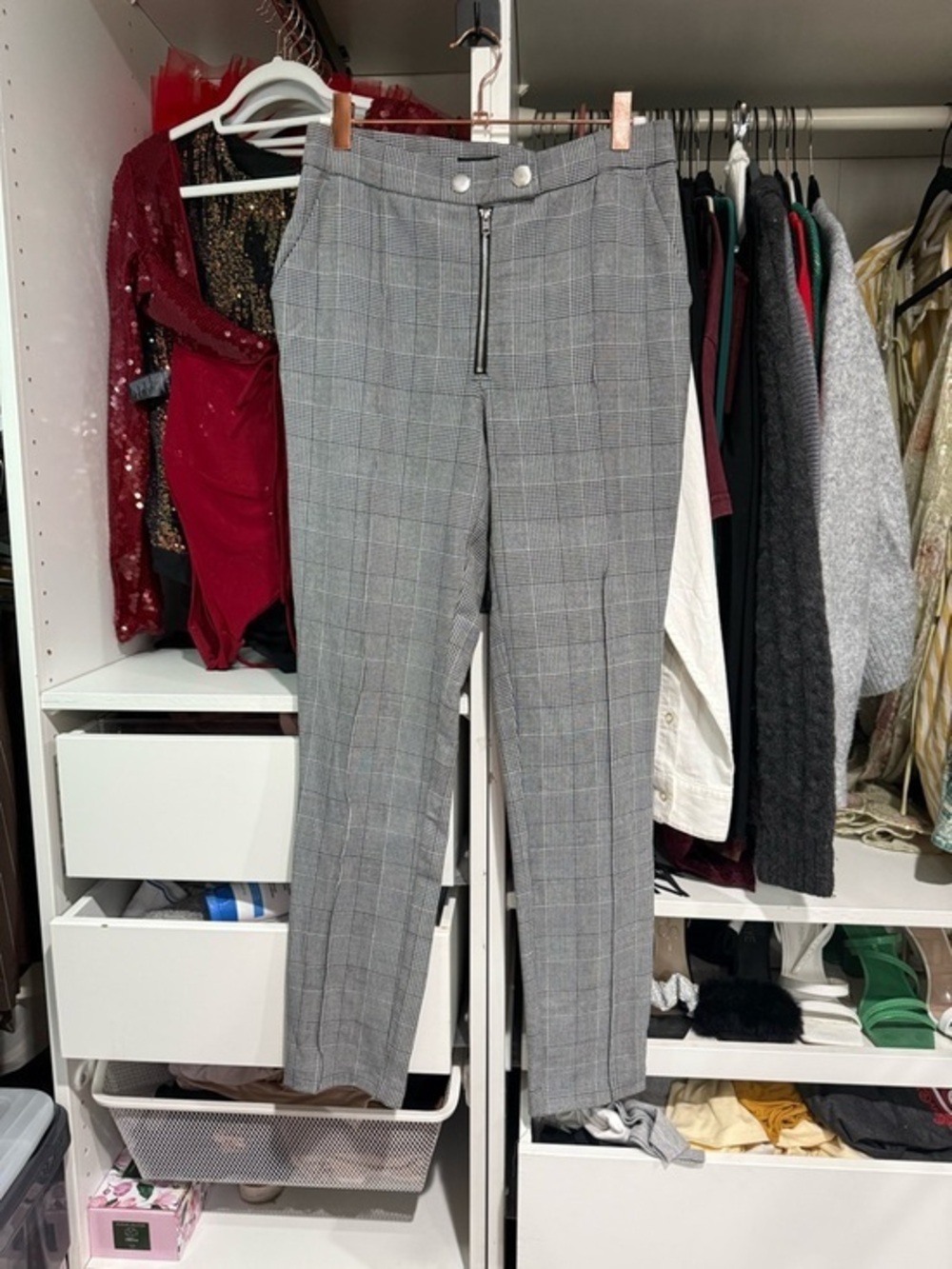 Gray Plaid High-Waist Trousers with Front Zip